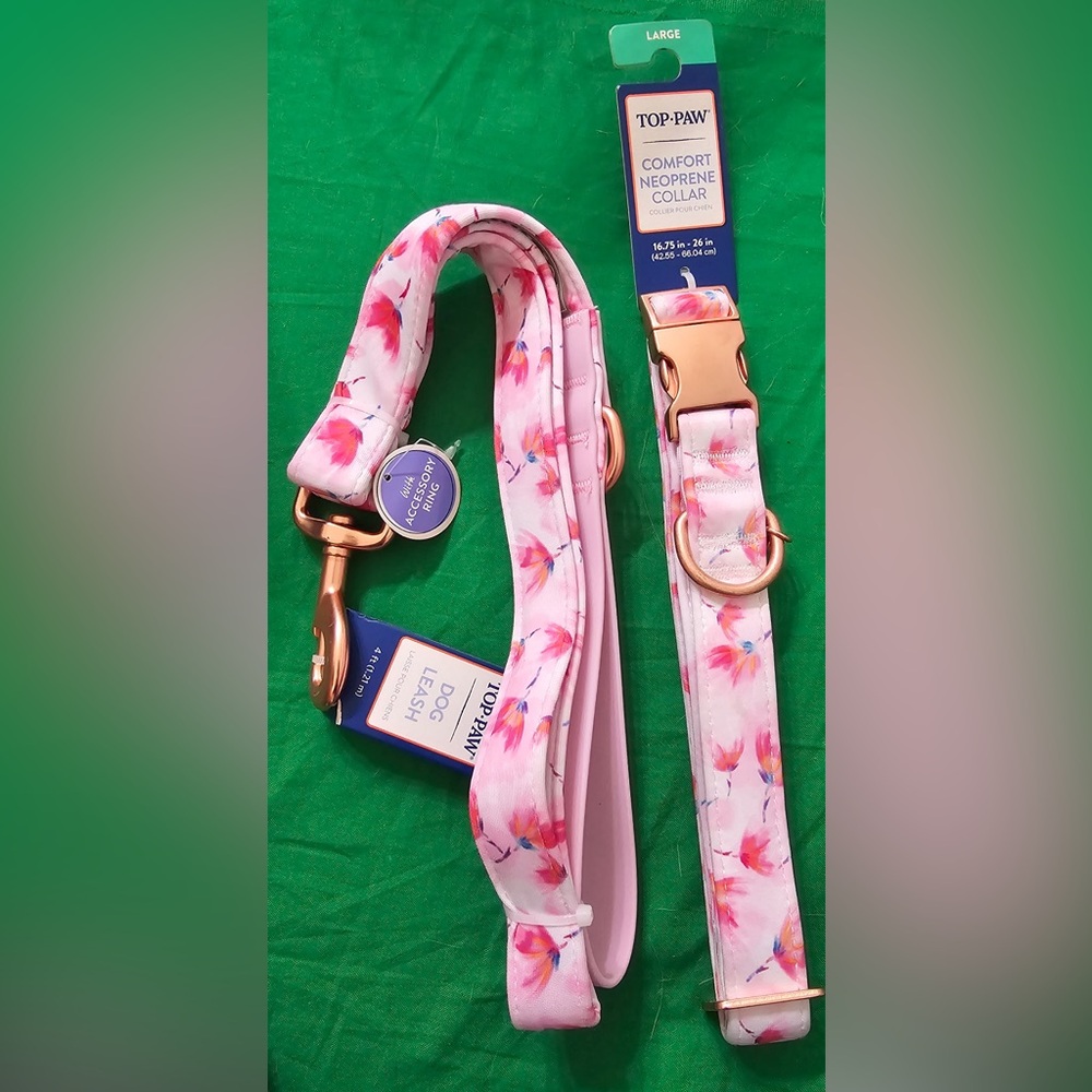 Top Paw Pink Floral Neoprene Dog Collar and Leash Set
